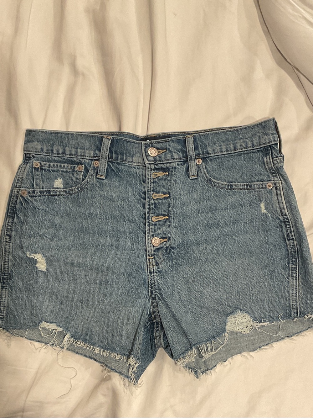 GAP Button-Front Distressed Denim Shorts - Blue